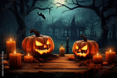 Halloween Pumpkins And Skeleton In Grave. Skull monster and halloween pumpkin. Halloween background with pumpkins