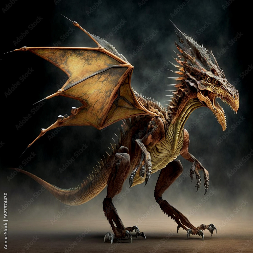 Fototapeta premium Small dragon on a dark background. Beautiful picture.