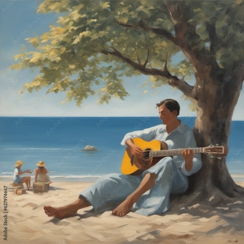 a picture of a person holding a guitar and singing a song with a serene rhythm under a quiet tree with the soothing sound of ocean waves
