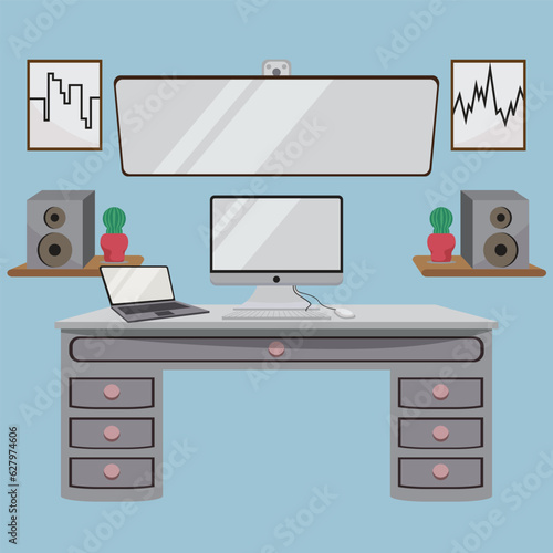 Wallpaper Mural Modern workplace in room. Home workspace with objects, equipment. Flat style illustration with long shadow. Torontodigital.ca