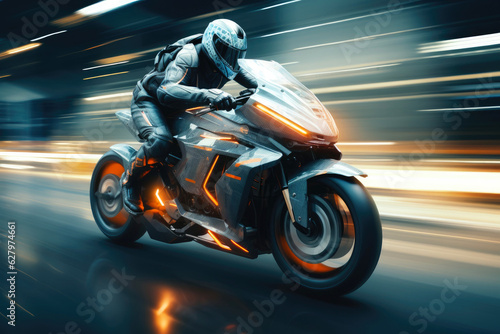 A motion blur of a robot driving a futuristic motorbike. Generative AI © piai