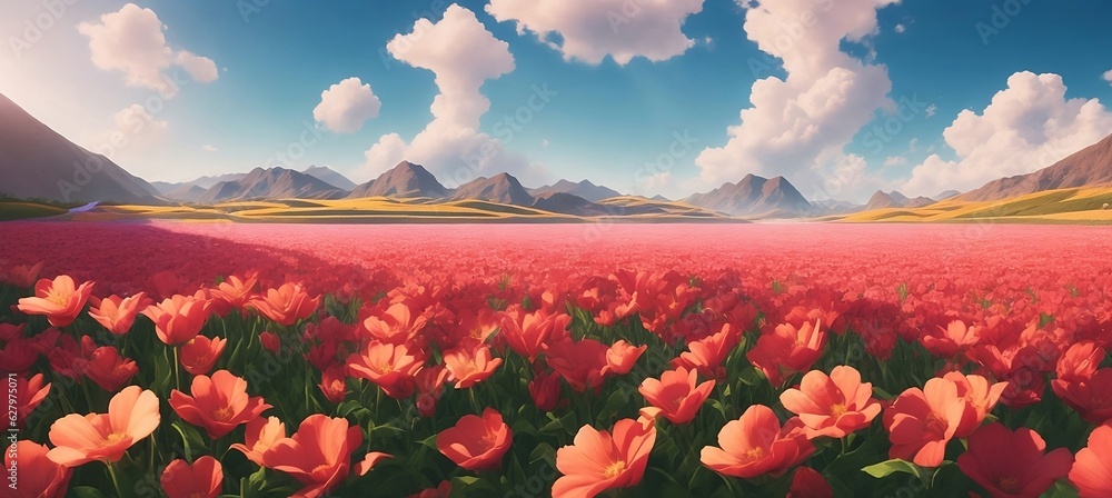 a field of red tulips is shown in this 3d animation