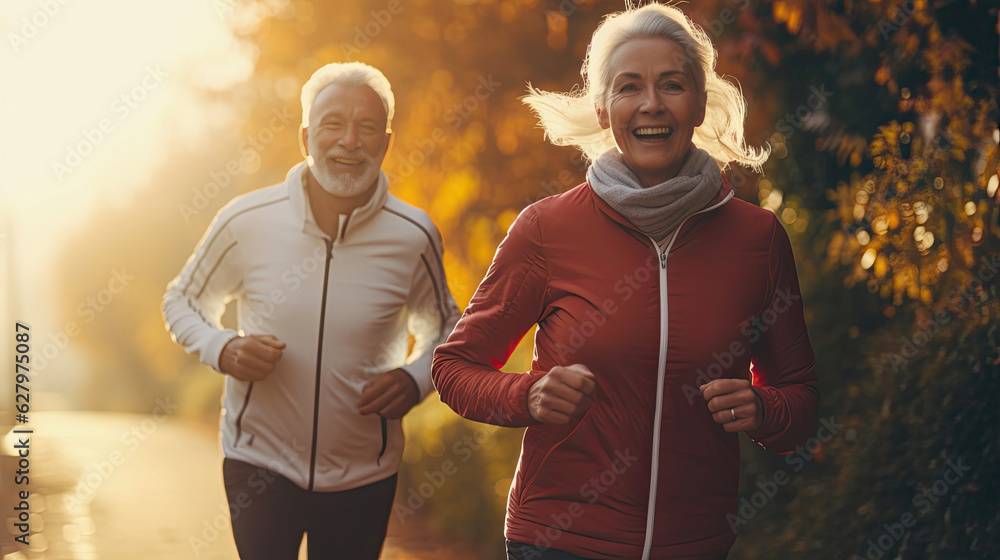 A couple of senior running, Happy couple of senior jogging in the morning. Generative Ai A couple of senior running, Happy couple of senior jogging in the morning. Generative Ai