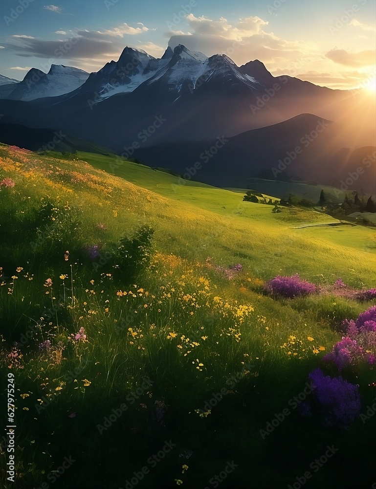 Obraz premium Grass, Sun, Hill, Mountains, Flowers, Hut,