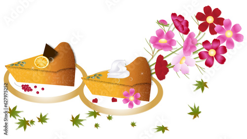 コスモスとカボチャのケーキのイラスト背景素材