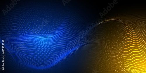 Abstract futuristic blue and yellow wave with moving dots. Flow of particles with glitch effect. Ideal vector graphics for brochures, flyers, magazines, business cards and banners. Vector.