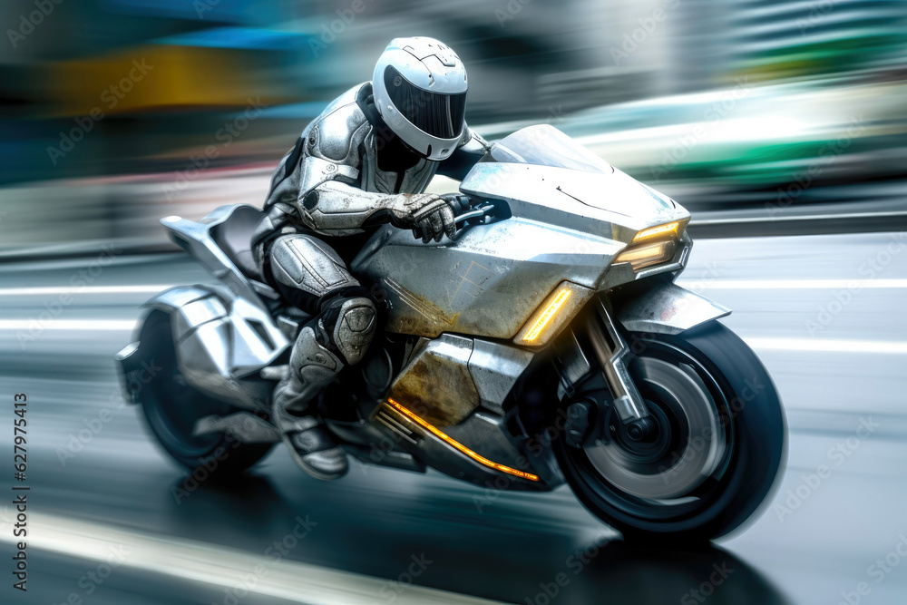 Fototapeta premium A motion blur of a robot driving a futuristic motorbike. Generative AI
