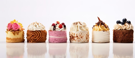 Set of delicious cakes. Small sweet cakes isolated on white background. Bakery products. Banner design