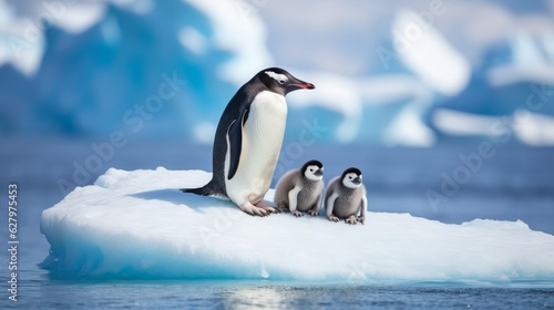 penguin with his children on a melting ice floe representing climate change and global warming