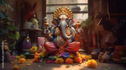  A Lord Ganesha for Ganesh Chaturthi. The sacred object of the Hindus. Generative Ai © tong2530