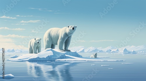 A polar bear with her cub on a melting ice floe representing climate change and global warming