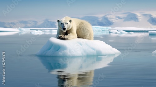 A lone polar bear on a melting ice floe representing climate change and global warming © tetxu