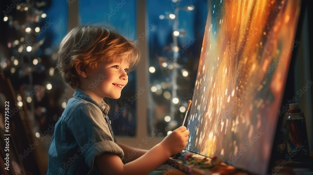 Little boy painter sits at table and draws picture on canvas in art studio multicolored sparkles and bokeh background, happy attractive boy artist paints masterpiece picture, generative AI Little boy painter sits at table and draws picture on canvas in art studio multicolored sparkles and bokeh background, happy attractive boy artist paints masterpiece picture, generative AI