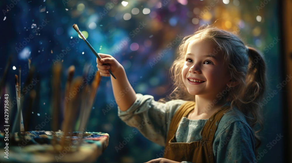 Little girl painter sits at table and draws picture on canvas in art ...