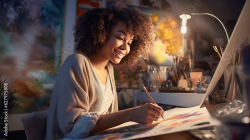 Black woman painter sits at table and draws picture on canvas of paper in art studio, happy attractive woman artist paints masterpiece picture for sale online, artistic craftsmanship, generative AI