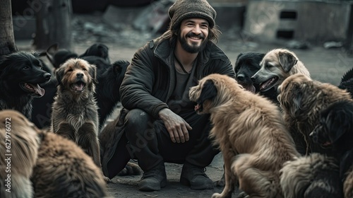 Smiling man volunteer among pack of friendly dogs on street, happy man glad to meet with homeless dogs near dog kennel, walking dogs on street with favorite pets concept, generative AI