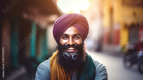 Happy sikh indian man in pagri headwear portrait walking on street, smiling man wearing turban adherent of Sikhism religion, joyful attractive bearded man portrait at India street, generative AI photo