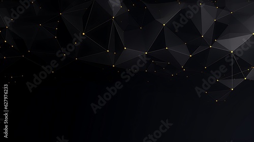 Black grey polygonal background with golden dots. Metaverse abstract virtual reality map globe. Futuristic environment background world. Dynamic luxury horizontal banner. Generative AI