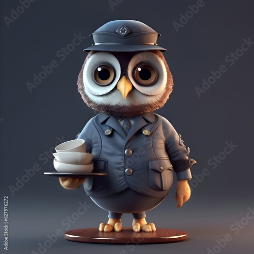 Cute owl with coffee cup and police cap. 3D illustration. photo