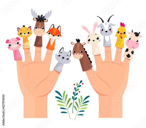 Finger Toy and Puppets on Hand Palm Vector Illustration