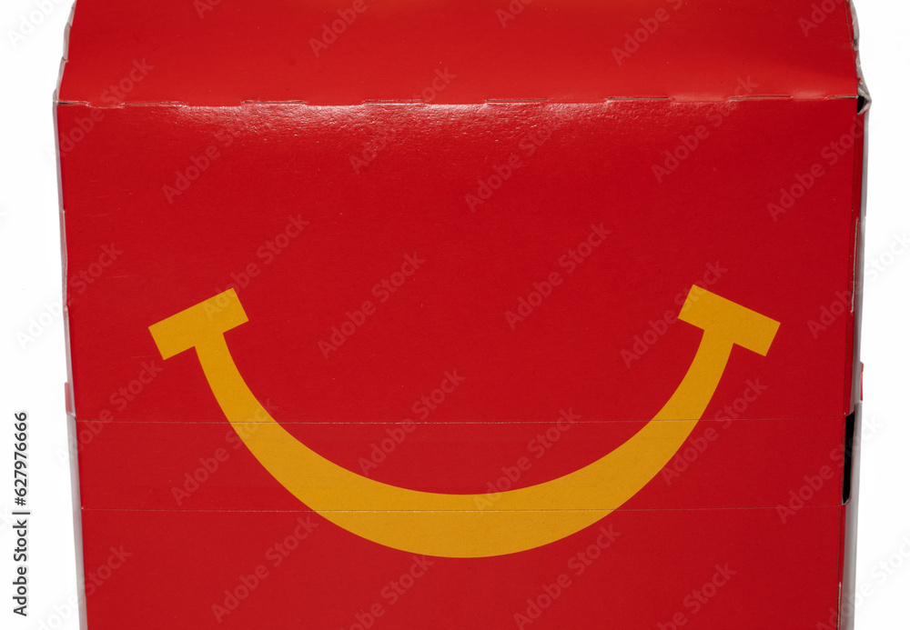 Mcdonald Happy meal with smile on white background. McDonalds kids ...