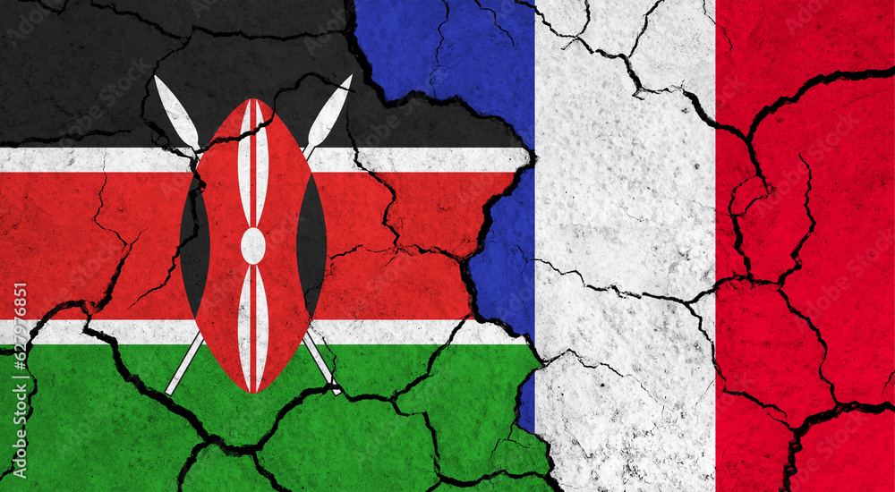 Flags of Kenya and France on cracked surface - politics, relationship concept