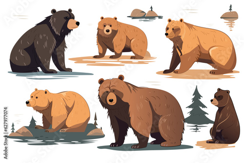 Bears set. Cute and friendly cartoon illustration showcasing a charming set of flat-design bears, each with their own unique style and personality. Vector illustration.