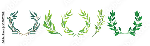 Green Twig and Wreath of Branch with Leaves Vector Set