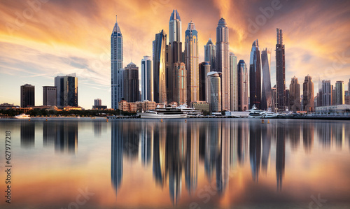 Dubai Marina panorama at sunrise  nobody. United Arab Emirates