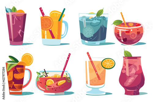 Cocktails set. A delightful cartoon illustration showcasing a set of flat-design cocktails. Vibrantly colored and creatively garnished cocktails. Vector illustration.