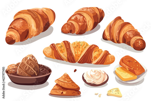 Food set. A delightful cartoon-inspired flat design featuring a set of mouthwatering croissants, beautifully arranged and tempting to the eye. Vector illustration.