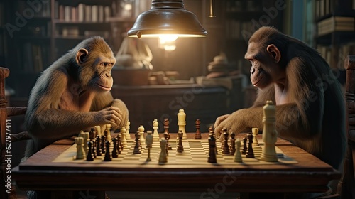 Two monkeys playing chess in a dark room, ai generative