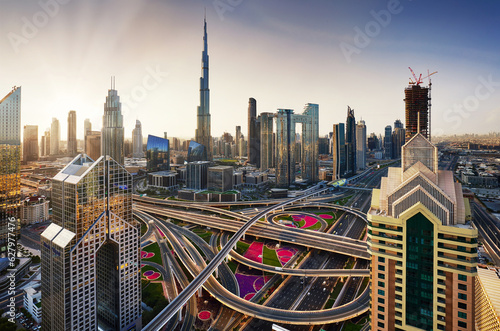 Photography Beautiful aerial sunrise in Dubai centre with panoramic skyline view, UAE