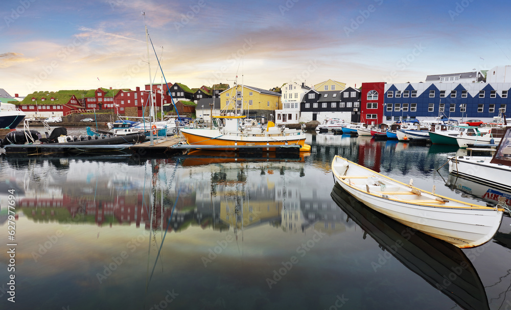 View of a colorful harbour in torshavn's historic tinganes district.