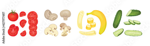 Raw Vegetable Sliced or Chopped as Cooking Ingredient Vector Set
