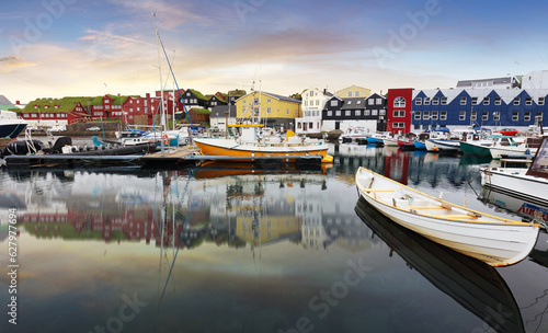 View of a colorful harbour in torshavn's historic tinganes district.