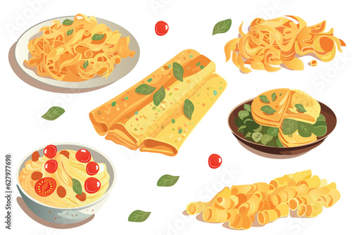 Pasta set. A captivating flat design with a cartoon touch, showcasing a set of deliciously illustrated pasta dishes. Vector illustration.