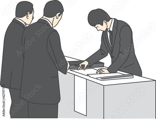 Men in mourning attire at a funeral reception.