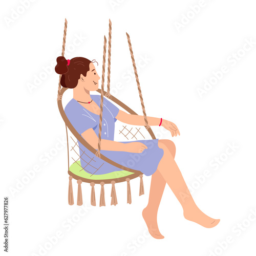 Girl sitting in a hanging swing chair in the garden and relaxing Young girl relaxing on vacation Vector illustration in a flat style on a white background