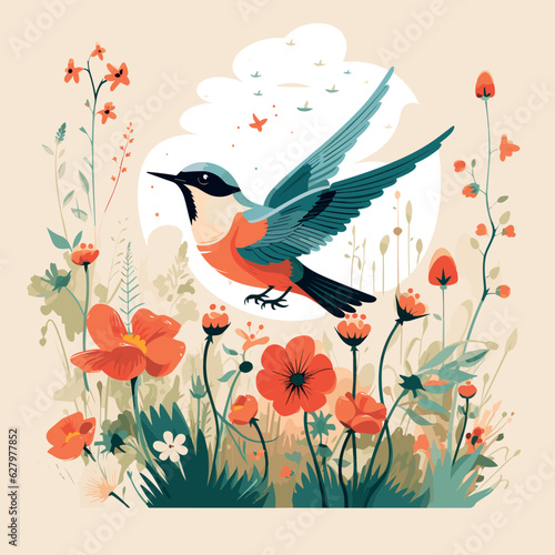 Bird with flowers. Vector illustration. Abstract illustration.