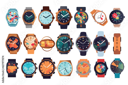 Watch set. A delightful collection of cartoon-style flat design watches in a vibrant set. Vector illustration.