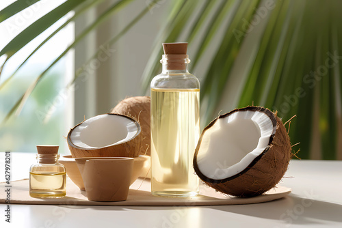 Close - up view of coconut oil with oil CBD, no label, clear bottle.