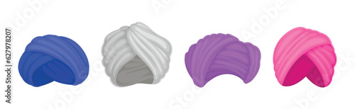 Indian and Arabic Turban as Traditional Headwear of Cloth Winding Vector Set