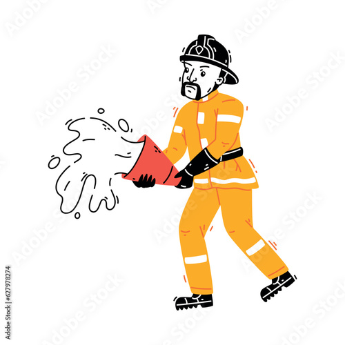 Man Firefighter Character in Helmet and Uniform Carry Water in Bucket Vector Illustration