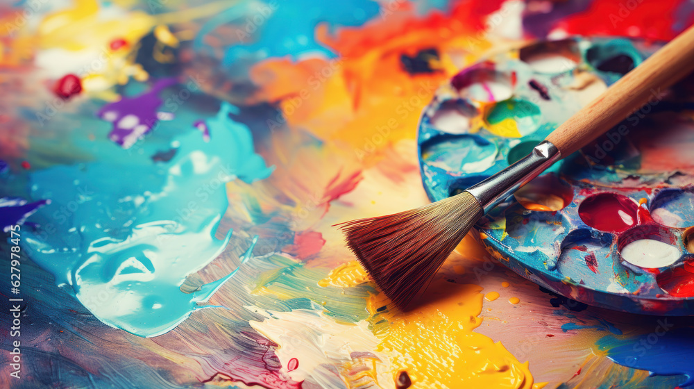 Paintbrushes on artist canvas covered with oil paints Paintbrushes on artist canvas covered with oil paints
