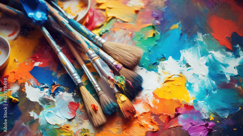 Paintbrushes on artist canvas covered with oil paints Paintbrushes on artist canvas covered with oil paints