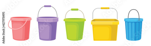Plastic Bucket with Handle as Household Cleaning Equipment Vector Set