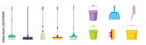 Bucket, Dustpan, Mop and Broom for Cleaning and Sweeping Floors Vector Set