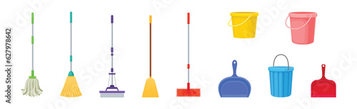 Bucket, Dustpan, Mop and Broom for Cleaning and Sweeping Floors Vector Set