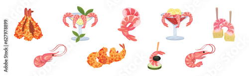 Appetizing Snack with Shrimp or Prawn Vector Set